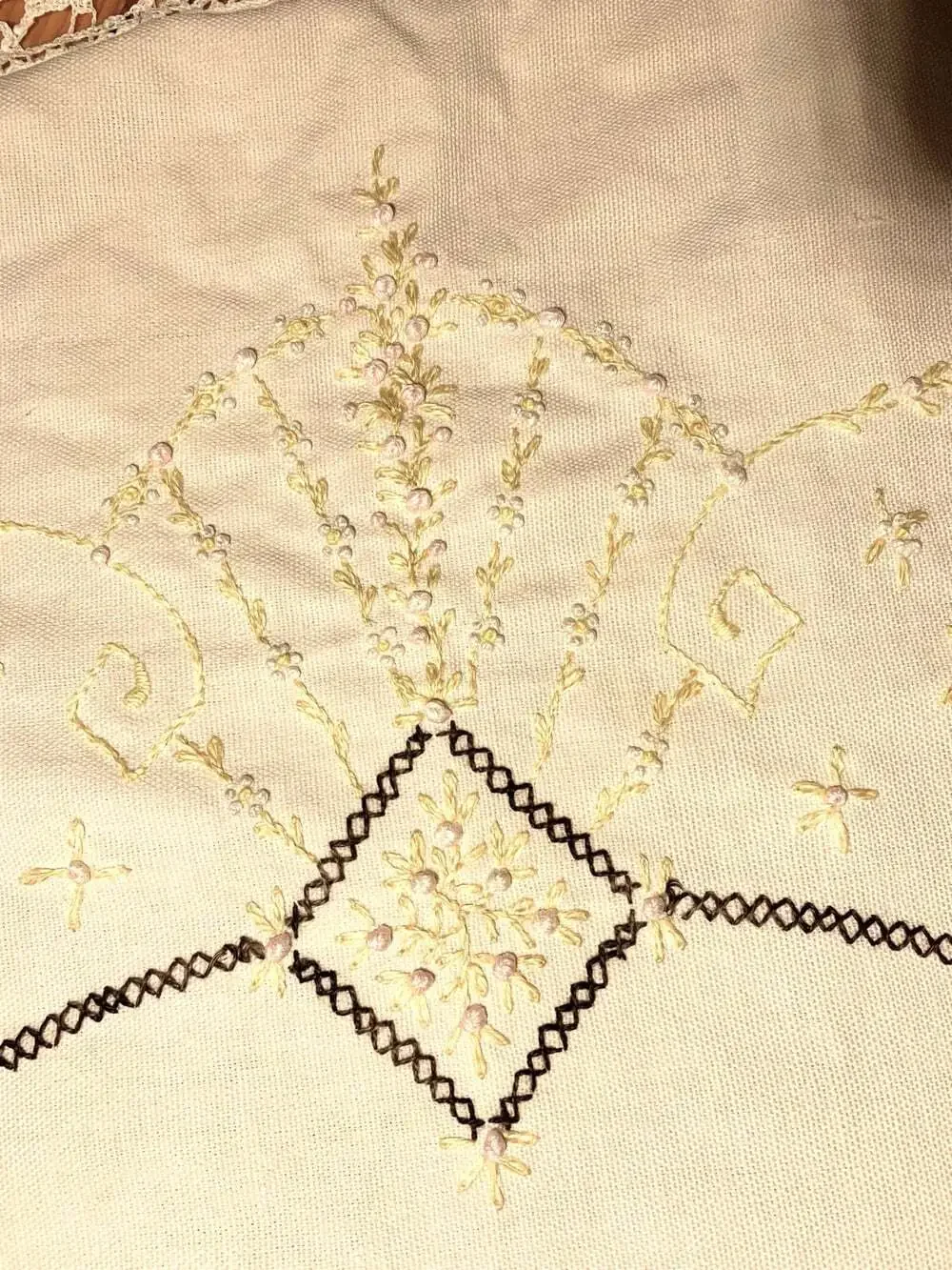 Embroidered Crochet Round  small table cloth vintage handmade beige yellow pink